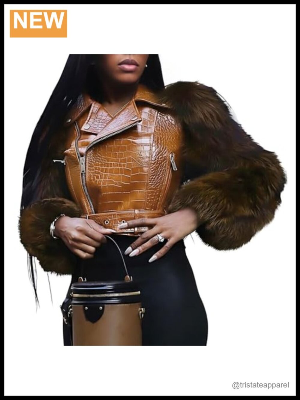 Faux Leather Cropped Moto Jacket Faux Fur Sleeves